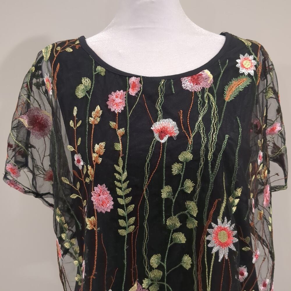Women's Black Embroidered Sheer Mesh Top Floral Overlay Dark Fairy Boho Flowy - Picture 2 of 12